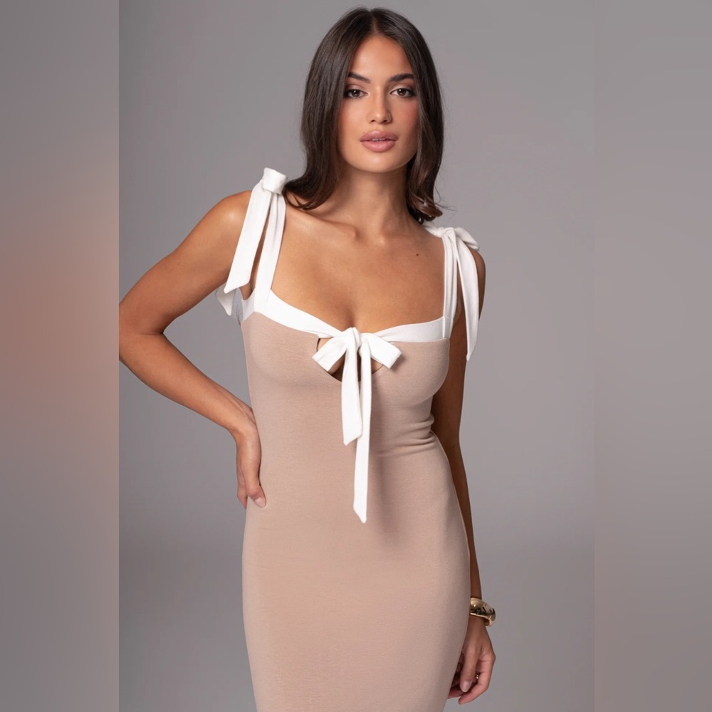 JLUXLABEL Black Ribbed Tie Front Bodycon Midi Dress - Picture 5 of 6